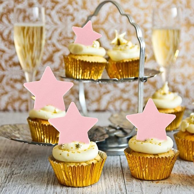 60 PCS Edible Star Cupcake Toppers Edible Stars for Cake Decorating Twinkle Star Cupcake Picks for Wedding Engagement Bridal Shower Birthday Baby Shower Party Cake Decorations Supplies Light Pink