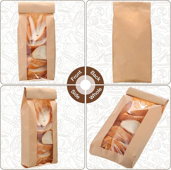 Thenshop 100 Pieces Paper Bread Bag with Window for Homemade Bread Bags Bags Brown Kraft Loaf Storage Sacks Long French Biscuits Packaging (4.5 x 2 x 24 Inch)