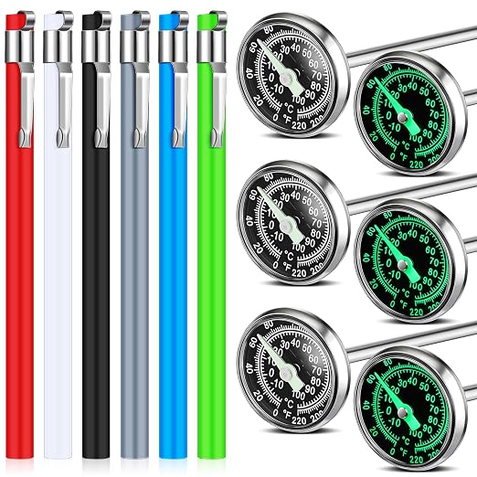 Xuhal 6 Pcs Stainless Steel Kitchen Glow Thermometer with 5 Inch Long Stem 1 Inch Dial Thermometer Milk Frothing Food for Oven Probe Meat Grill Cooking BBQ Chocolate Water (Colorful)