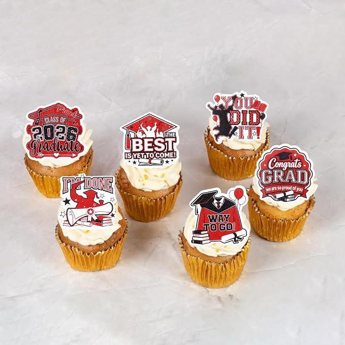 63 PCS Edible 2026 Graduation Cupcake Toppers Congrats Grad Cap Cupcake Picks Edible Diploma Done You Did it Cake Decorations for Class of 2026 Graduation Theme Party Decorations Supplies Black Red