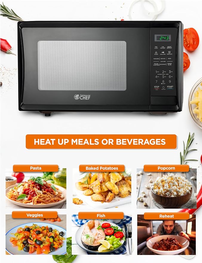 Commercial Chef 1.1 Cu. Ft. Countertop Microwave Oven, Touch Controls with Digital LED Display, 1000W Small Microwave with 12.4” Turntable Plate, Push Button Door, 10 Power Levels, CHM11MB, Black