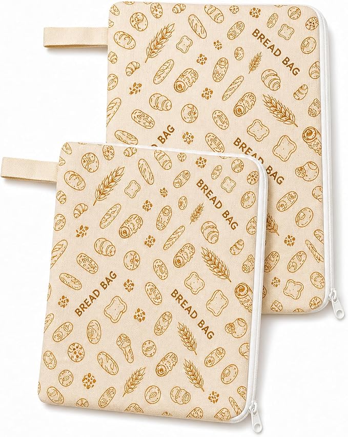 Beeswax Bread Bags for Sourdough, 2 Pack XL Reusable Organic Cotton Bread Storage Bags with Zipper, Natural Bees Wax Bread Bag for Homemade Bread, Freezer Friendly Food Storage, Keep Fresh