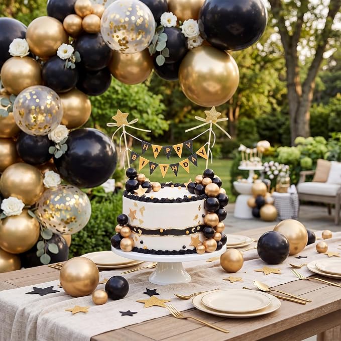 21 Pcs Happy Birthday Cake Topper Cake Bunting Topper Banner with Wood Pole Rainbow Garland with Bow Ribbon Balloon, Mini Cupcake Decor for Birthday Baby Shower (Black,Gold)