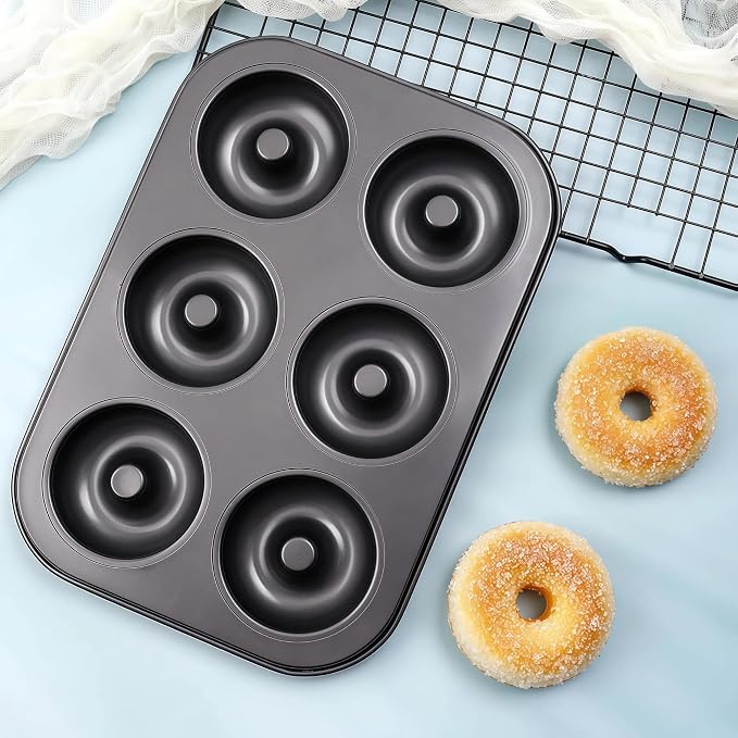 6-Cavity Donut Pan Molds Carbon Stee For Baking Pan, Nonstick & Dishwasher Safe 12.5 x 8.5” Doughnut Pan, Steel Donut Trays, Makes Perfect Bagels and Cake Donuts Cookies & Fondant