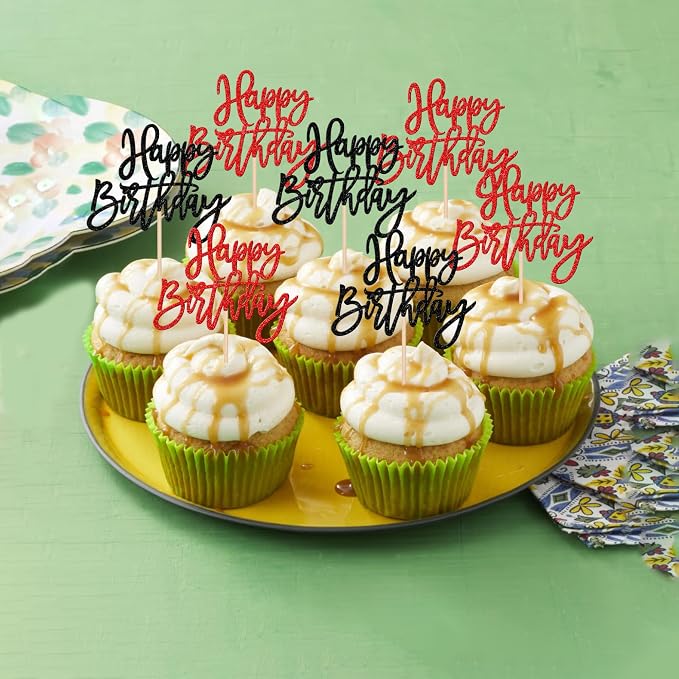 24 PCS Happy Birthday Cupcake Toppers Glitter Happy Birthday Cupcake Picks for Celebrating Anniversary Theme Party Cake Decorations Supplies Black Red