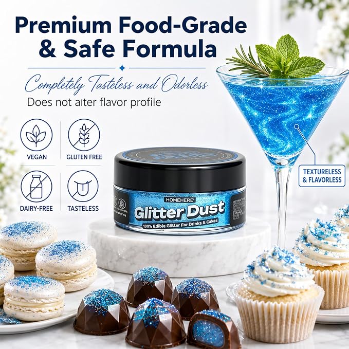 HomeHere Edible Glitter for Drinks & Cakes, 10g Food Grade Disco Diamond Glimmer Dust, Sparkle Powder for Cocktails, Chocolate, Baking Decorations, Vegan& Tasteless (Bule)