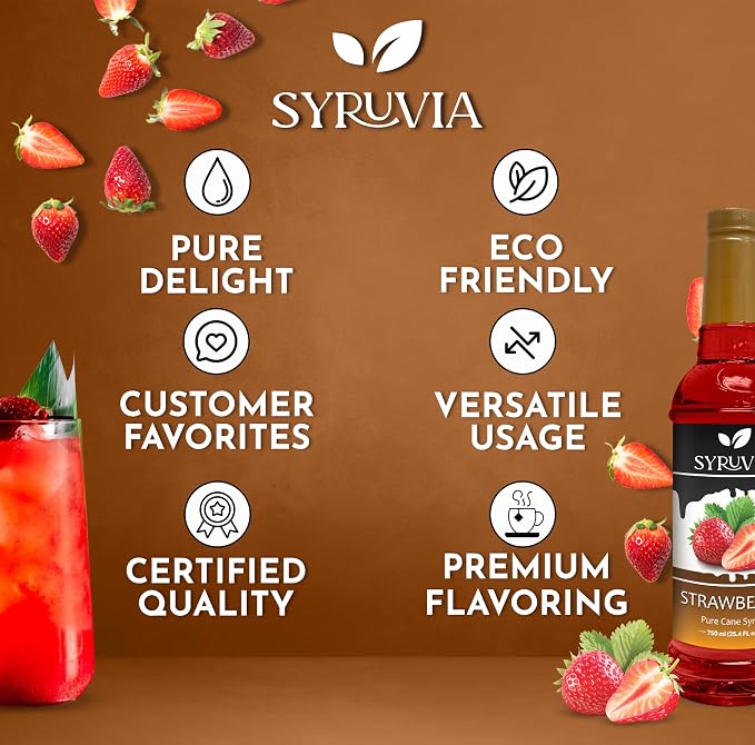 Syruvia Strawberry Syrup, Flavored Syrup for Cocktails, Fruit Drinks, Lemonades, and Desserts – 25.4 fl oz - with Pump