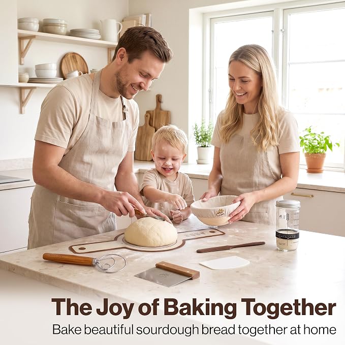 EDELHAUS Banneton Proofing Basket Complete Set Round – Complete Sourdough Bread Baking Kit with Banneton Basket, Dough Tools, Sourdough Starter Jar, Bread Lame, Bench Scraper & Baking Mats