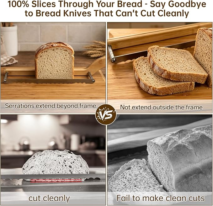 Bread Knife for Homemade Bread Sourdough, Left or Right Handed | Ergonomic Bamboo Handle, Stainless Steel Serrated Sourdough Slicer, Adjustable Loaf Cutter with Measurement Marks