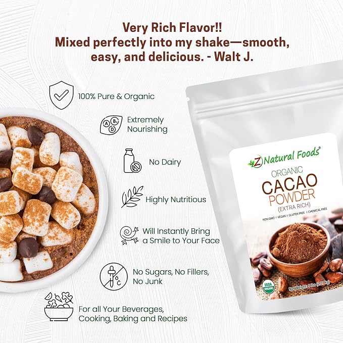 Z Natural Foods Organic Cacao Powder - Unsweetened Nutrient-Dense Superfood for Healthy Aging - Extra-Rich Dark Chocolate Flavor Perfect for Chocolate Recipes, Shakes or Smoothies, 5 lbs