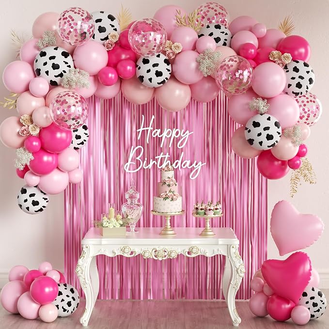 157Pcs Pink Cow Print Balloons Garland Arch Kit with Pink Fringe Curtain for Cowgirl Baby Shower First Rodeo Farm Wedding Birthday Party Decorations