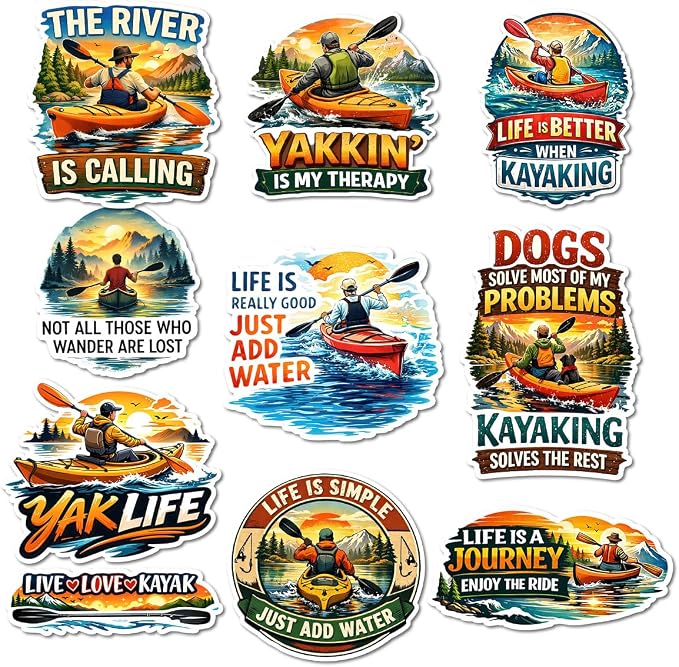 10pcs Kayaking Stickers Gifts for Kayakers Water Sports Lovers Multiple Different Design, Waterproof UV-Resistant for Water Bottle, Laptop, Window, Car