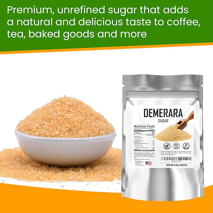 Bulk Demerara Sugar 4 lbs. Pure Unrefined Brown Crystals for Baking and Cooking. Value Size Bag.