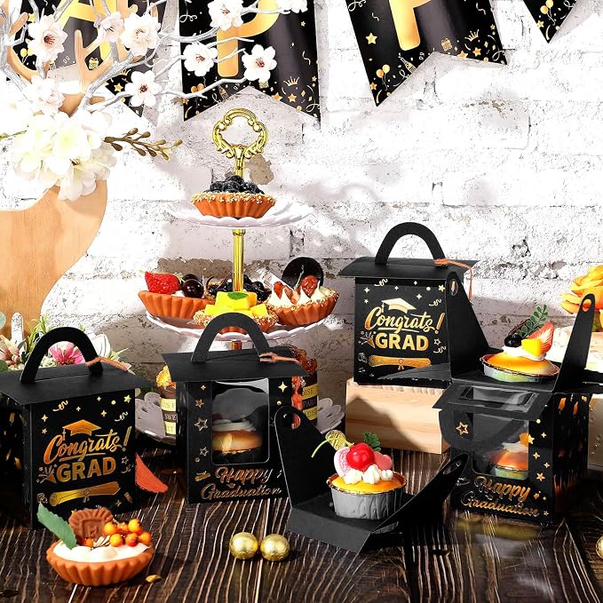 Outus 30 Pcs Graduation Cupcake Boxes Graduation Gift Box Congrats Grad Cupcake Container Candy Boxes with Window and Tassel for 2026 College High School Grad Party (Black and Orange)