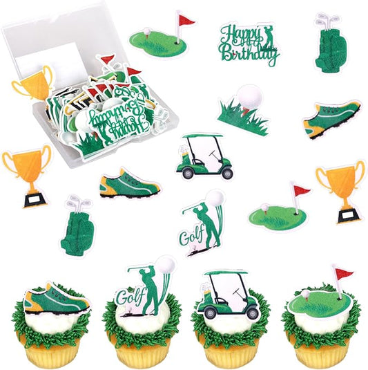 56 PCS Edible Golf Cupcake Toppers Wafer Paper Trophy Lawn Golf Shoes Bag Ball Carts Cupcake Picks Edible Golf Cake Decorations for Golf Sports Player Theme Baby Shower Kids Birthday Party Supplies