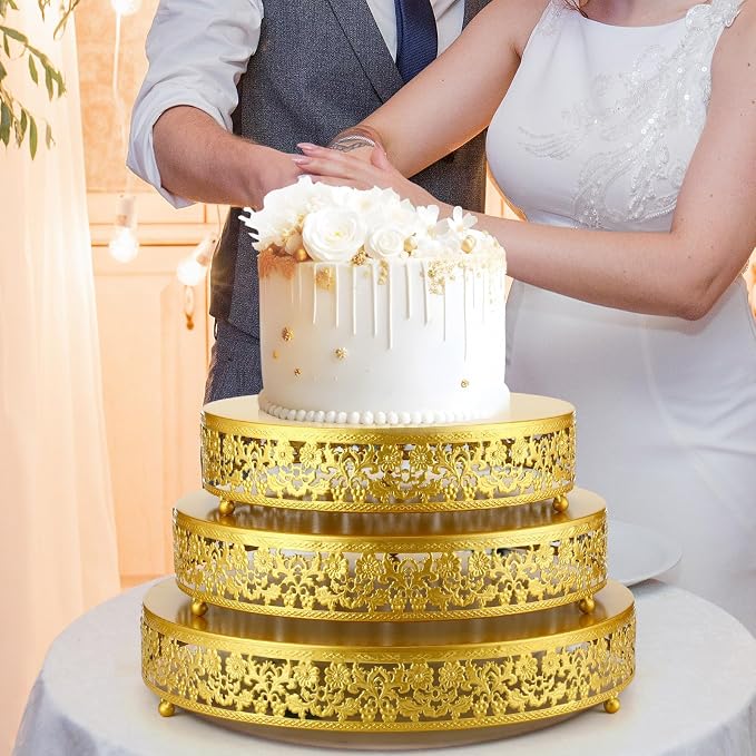 Wenqik 3 Pcs 12/14/16 Inch Gold Cake Stand Set, Metal Round Cake Dessert Display Holder Stand Plates for Wedding Birthday Baby Shower Housewarming Party Celebration