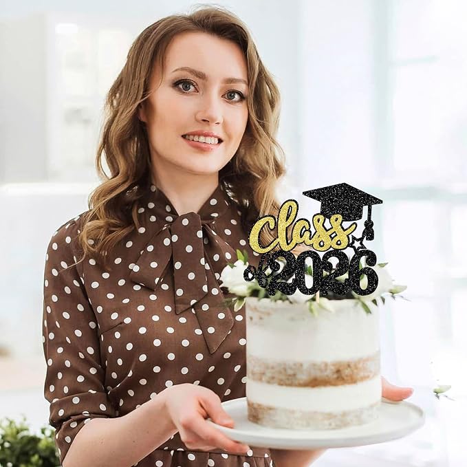 1 Pack 2026 Graduation Cake Topper Glitter Grad Cap Diploma 2026 Senior Graduation Cake Pick for 2026 School Theme Party Cupcake Decoration Supplies Green Black