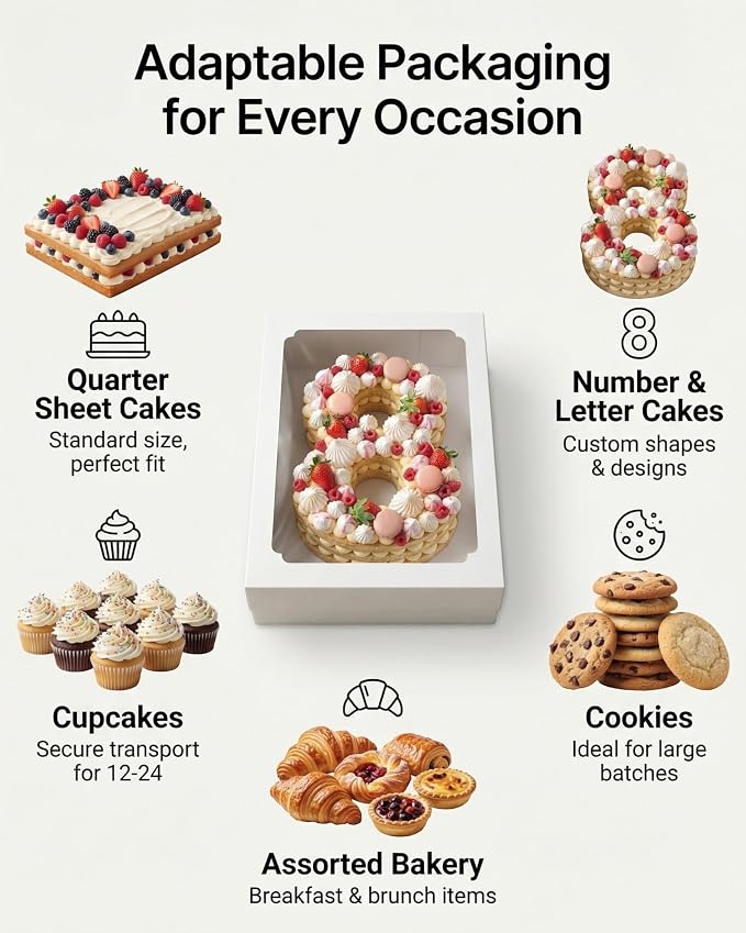 10pcs 14x10x4 inch Quarter Sheet Cake Boxes, White Large Rectangle Bakery Boxes with Window for Pastry, Donuts, Cupcakes, Pie, Cookies, Treat Packaging, Cajas para Pasteles with 80 Stickers