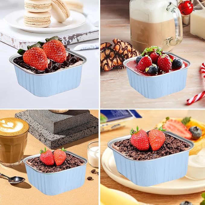 50 Pcs Mini Square Baking Cups with Lids,10oz Aluminum Foil Mini Cake Pans with Lids,Disposable Ramekins Cake Pans,300ml Dessert Cups Cupcake Pans for Wedding Birthday Party,Skyblue