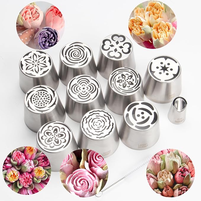 Extra Large Russian Piping Tip Set - 10 Stainless Steel Marshmallow Buttercream Framing Nozzles for Roses Tulip Cake Decorations and Bouquets, Includes 1 Leaf Nozzles and 1 Cleaning Brush(10B)