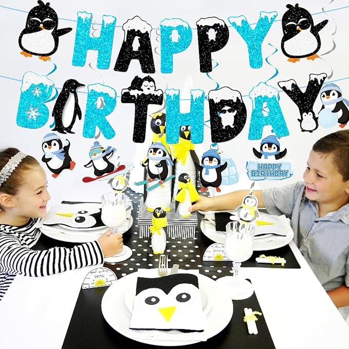 Zwiebeco Black Blue White Penguin Happy Birthday Banner Bunting Hanging Paper Swirls Garland Party Decorations for Baby Shower Winter Themed Boys Girls Bday Decor Accessories Supplies
