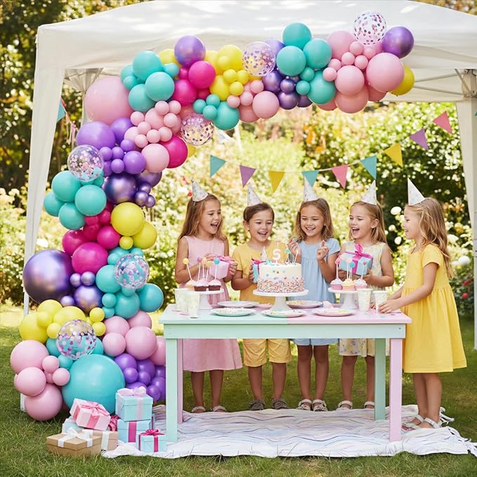 Purple Blue Pink Balloon Garland Arch Kit, 143Pcs Yellow Confetti Balloons for Princess Birthday Baby Shower Valentines Decorations