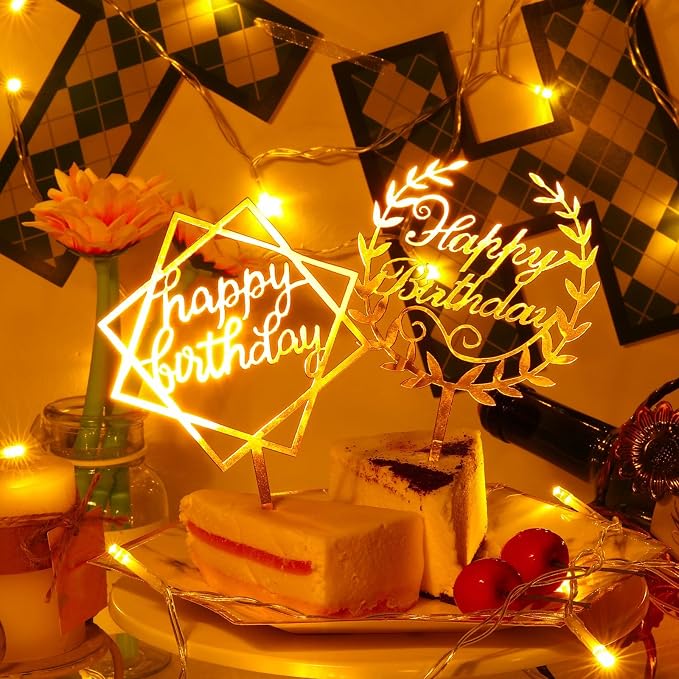 Macarrie 40 Pcs Gold Happy Birthday Cake Topper Acrylic Glittering Cupcake Topper Decorations for Birthday Event Party Supplies, 20 Different Shapes