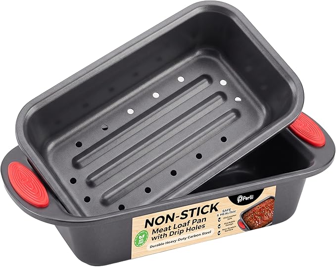 PERLLI Nonstick Meatloaf Pan with Drain Tray, Elevated Inner Pan for Fat and Grease Removal, Easy Grip Silicone Handles, Dishwasher Safe with Heavy-Duty Carbon Steel Bakeware for Even Heating (Gray)