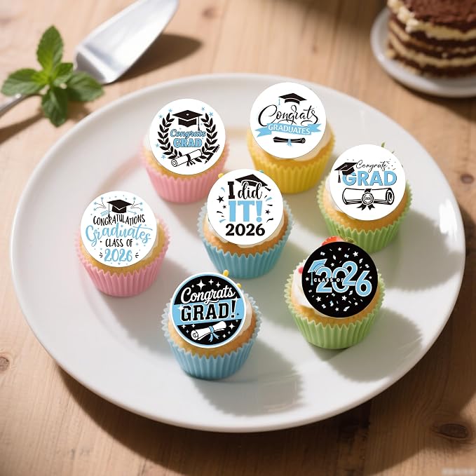 63 PCS Edible 2026 Graduation Cupcake Toppers Congrats Grad Class of 2026 Cake Decorations Edible Diploma 2026 Grad Cap Cupcake Picks for 2026 Graduation Party Cake Decorations Supplies Light Blue