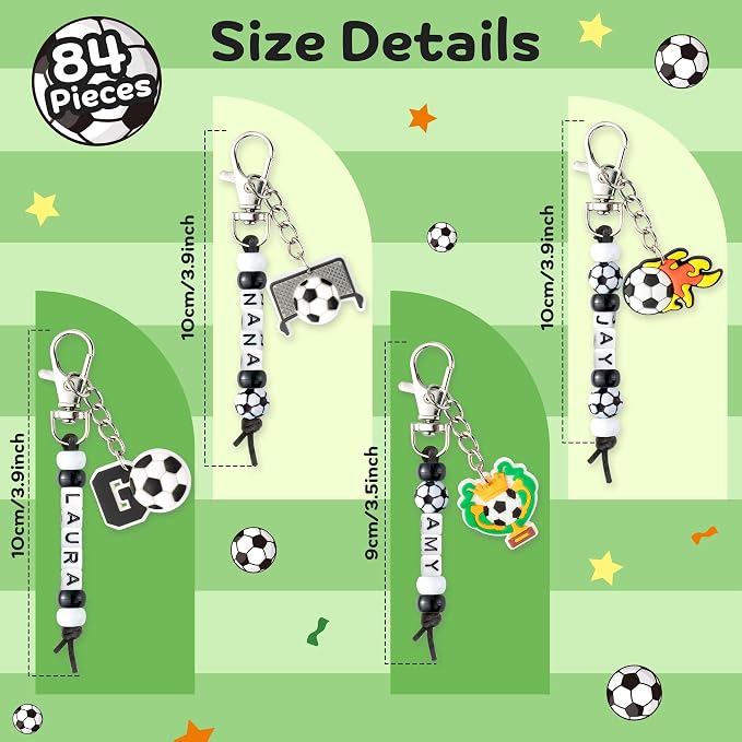 Y1tvei Soccer DIY Keychains Set - Football Beads Charms Making Kit, Create Your Own Bead Keychains with Acrylic and Cards DIY Crafts Bracelet Accessory Gift for Kids Soccer Lover Zipper Bag Hanger Key