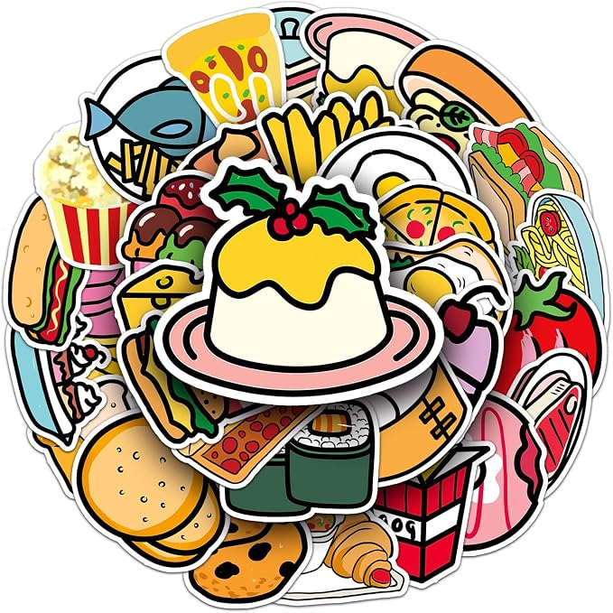 50 Pcs Cute Cartoon Food Stickers - Kawaii Doodle Vinyl Decals for Kids, Teachers, Journal & Laptop Decor - Waterproof Fun Sticker Pack (Cartoon Food)