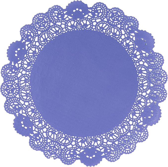 Pastry Tek 12 x 12 Inch Paper Lace Doilies, 100 Disposable Table Doilies - Elegant Lace Finish, Long Lasting, Purple Paper Doily, for Pastries, Cupcakes, Desserts - Restaurantware