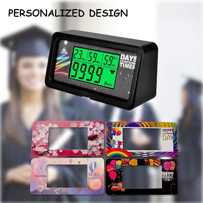 9999-Day Countdown Clock with 10 Cards for Wedding and Vacation | Shows total days, hours, minutes and seconds; 10 swappable paper themes, magnetic frame, 12/24-hour clock, 1-minute alert
