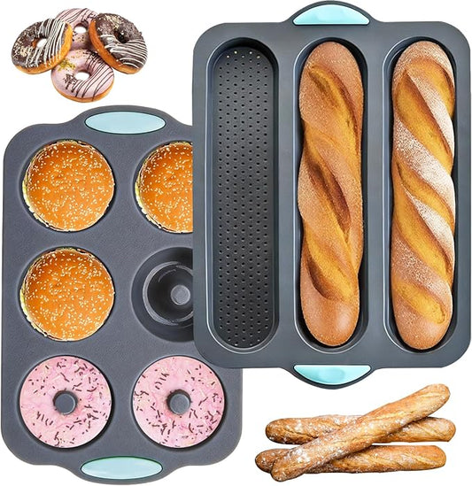 2 PCS Silicone Hamburger Bun Pan and Baguette Pan Set, Silicone Baguette Baking Mold,3 Wave French Bread Baking Tray,6 Cup Hamburger Bun Mold with Scraper for Homemade Bread Loaf Sandwich Donuts