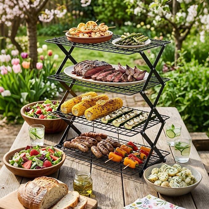 ShellKingdom 4 Tier Collapsible Cooling Rack, Outdoor Camping Picnic Shelf, Wire Cooling Rack for Baking, Cookies, Cake, Roasting, Grilling, Drying Rack - Black