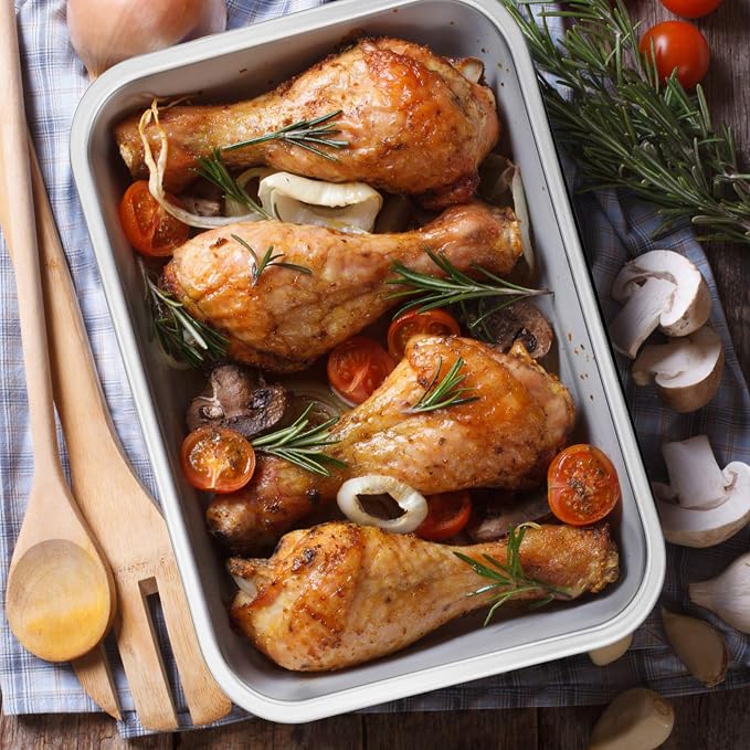 P&P CHEF Lasagna Pan, Rectangular Cake Pan Roaster Pasta Baking Cookie Sheet Pans Stainless Steel, Heavy Duty & Durable, Oven & Dishwasher Safe, 10.7" L x 3.2" H