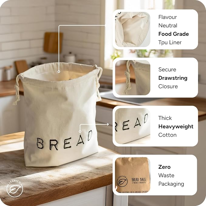 Leafico Reusable Bread Bags – 2 Cotton Storage Bags + 1 Baguette Bag with Food Safe TPU Liner – For Homemade Bread, Sourdough, Artisan Loaves – Freezer Safe & Washable Plastic Alternative
