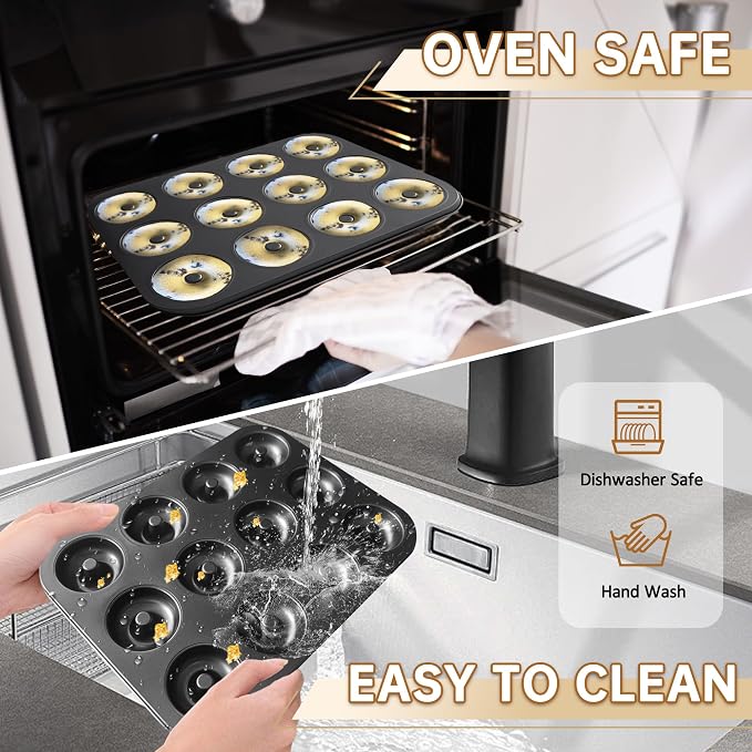 2-Pack Donut Pans for Baking - 12-Cavity Nonstick Carbon Steel Doughnut Trays, Deep Molds for Mini Bagels, Cakes & Homemade Baked Treats, 24 Cavities Total (Black)