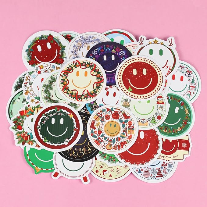 50PCS Smile Christmas Stickers | Cute Water Bottle Stickers for Kids, for Teaching Rewards, Notebooks, Stationery, Luggage, Cartoon PVC Happy Stickers
