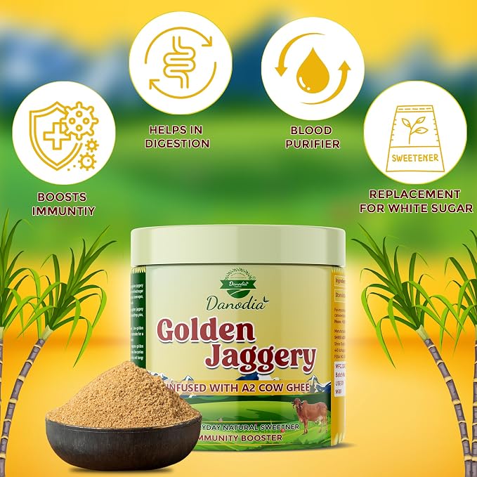 Danodia Foods Organic Golden Jaggery with A2 Cow Ghee, Cane Gur, 400g US | Ghee-infused cane gur sweetener for chai, coffee, baking, desserts and Indian recipes; no preservatives used; chai sweetener
