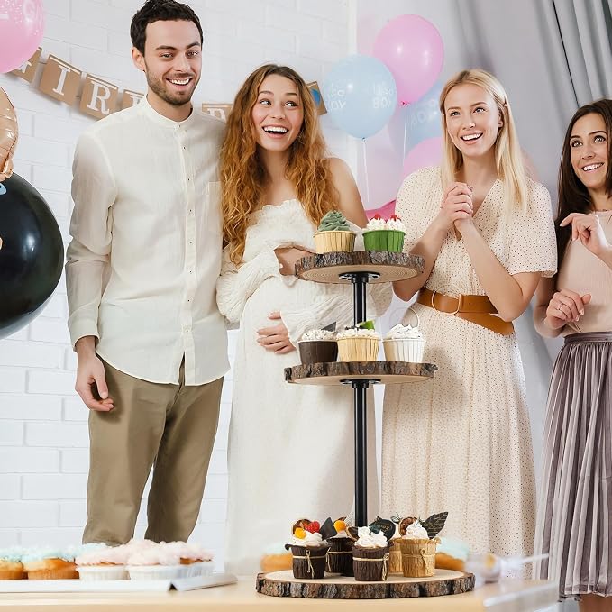 Chunful Rustic 3 Tier Round Natural Wood Cupcake Dessert Stand, Cup Cake Tower Stand Holder, Wooden Cake Display Tiered Centerpiece for Party, Birthday, Wedding, Baby Shower, Holiday Decoration