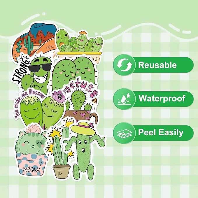 50 Pcs Green Cactus Stickers for Water Bottles, Waterproof Vinyl Cute Plant Stickers for Scrapbook Laptops, Green Decorative Decals for Kids Boys Girls Teens