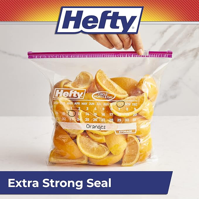 Hefty Calendar Slider Gallon Storage Bags, 30 Count (Pack of 4), Gallon Slider Bags with Calendar Dates, Holds Raw Meat, Breads, Fruits and Veggies, Zip and Click Closure, 120 Total Count