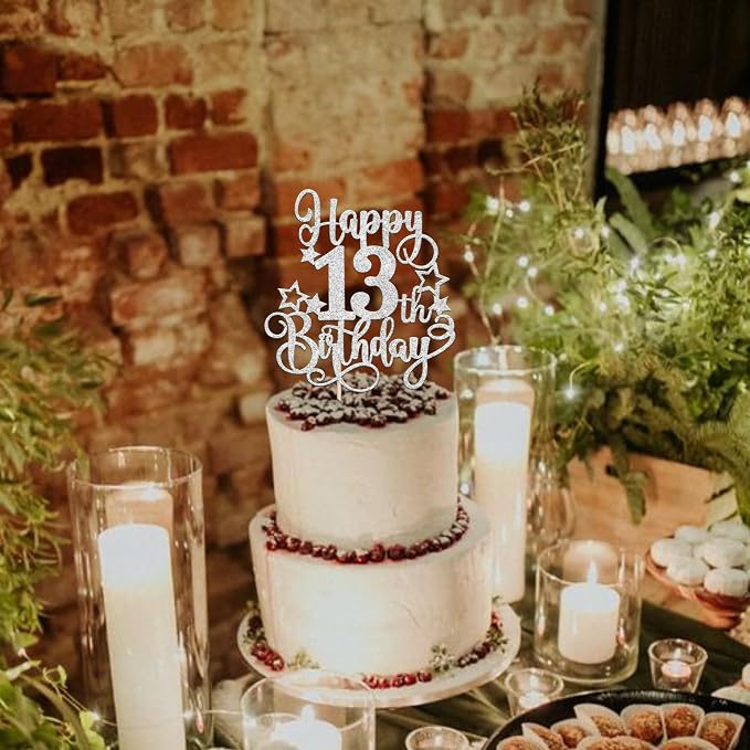 1 PCS Happy 13th Birthday Cake Topper Glitter Cheers to 13 Years Birthday Cake Pick Hello 13 Fabulous Cake Decoration for Happy 13th Birthday Anniversary Party Decorations Supplies silver