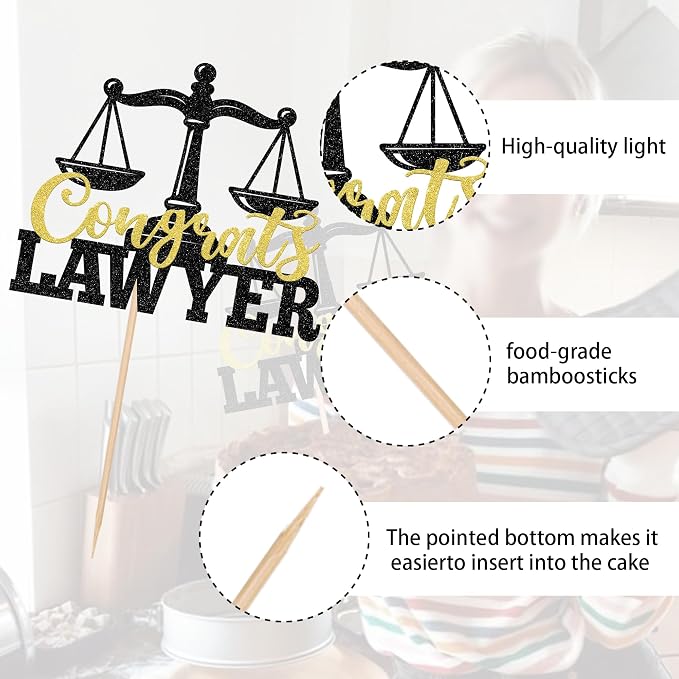 1 Pack Congrats Lawyer Cake Topper Glitter Class of 2026 Law School Survivor Cake Pick 2026 Graduation Cake Decorations for 2026 Lawyer Graduation Party Supplies Black Gold
