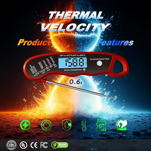 0.6S Instant Read Digital Meat Thermometer Pen for Outdoor BBQ, Grilling, Smoking, Oven Baking, Oil, Candy with Factory-Calibrated Waterproof Magnetic Backlit Flip Display, Motion Sensor.