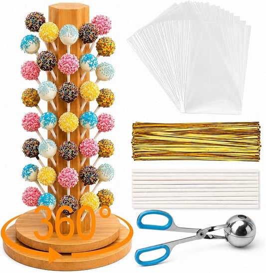 Wood Cake Pop Stand 36 Holes with Spinning Base,Cake Pop Holder Stand for Dessert Table,Lollipop Holder Candy Table Display with Treat Bags,Lollipop Sticks & Gold Twist Ties, Dessert Stand for Wedding Birthday Baby Shower Parties Anniversaries (kit)