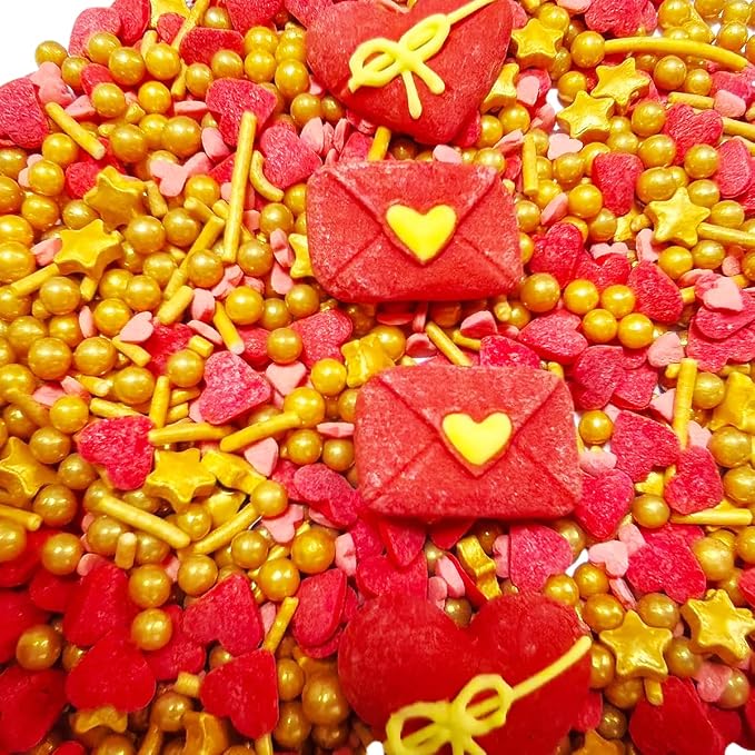 Edible Valentines Sprinkles for Cake Decorating 100g/ 3.53oz, Edible Red Pink Heart Gold Mix Sprinkle for Decorating Baking Cupcakes Cake Cookies Ice Creams Candy