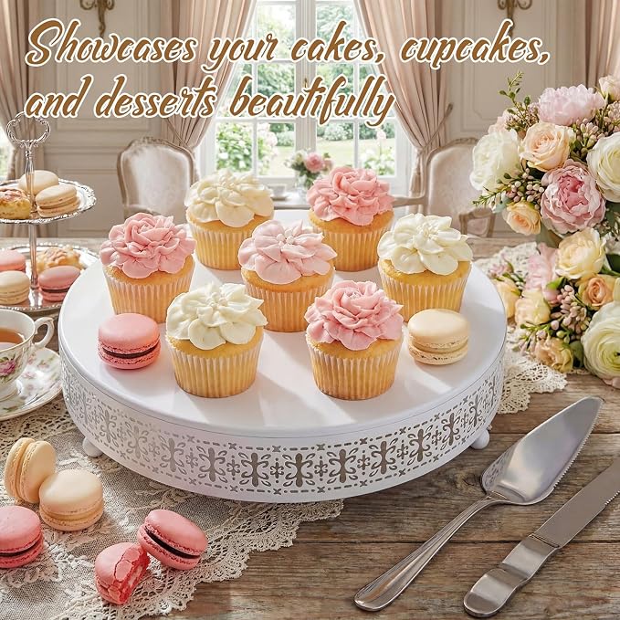 Wenqik White Cake Stand 14 Inch Metal Round Cupcake Dessert Wedding Cake Stand with Cutting & Spatula Cookies Display Holder Fruit Serving Tray for Table Wedding Birthday Anniversary Party