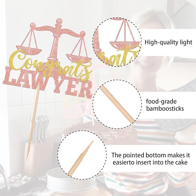 1 Pack Congrats Lawyer Cake Topper Glitter Class of 2026 Law School Survivor Cake Pick 2026 Graduation Cake Decorations for 2026 Lawyer Graduation Party Supplies Rosegold